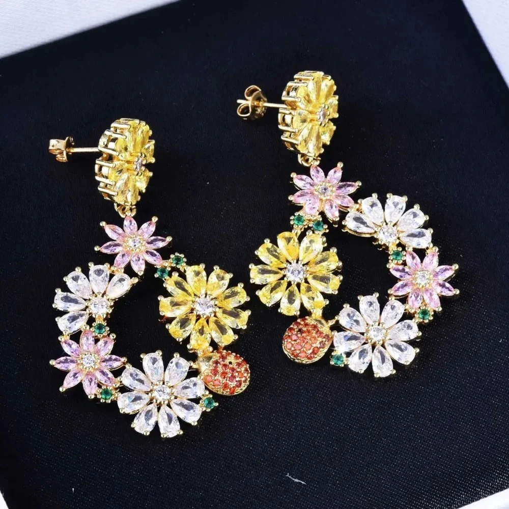 Colorful Floral Zircon Dangle Circle Earrings_3